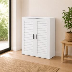 White shoe cabinet in a bright entryway