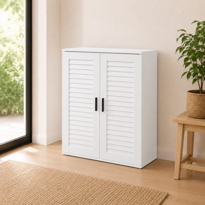 White shoe cabinet in a bright entryway