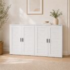 Two white shoe cabinets side by side in a bright room