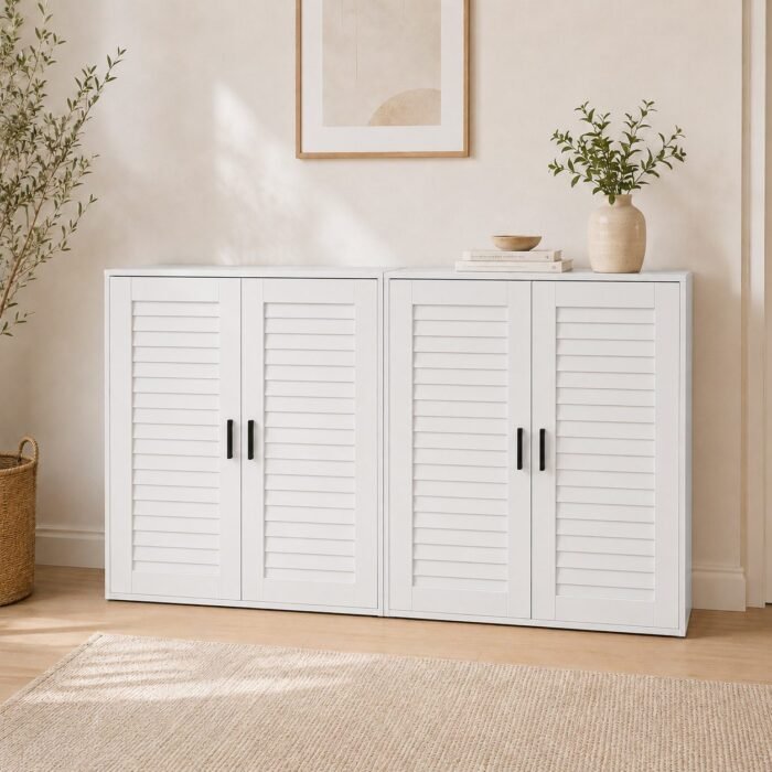 Two white shoe cabinets side by side in a bright room
