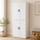 Stacked white shoe cabinets in a bright room