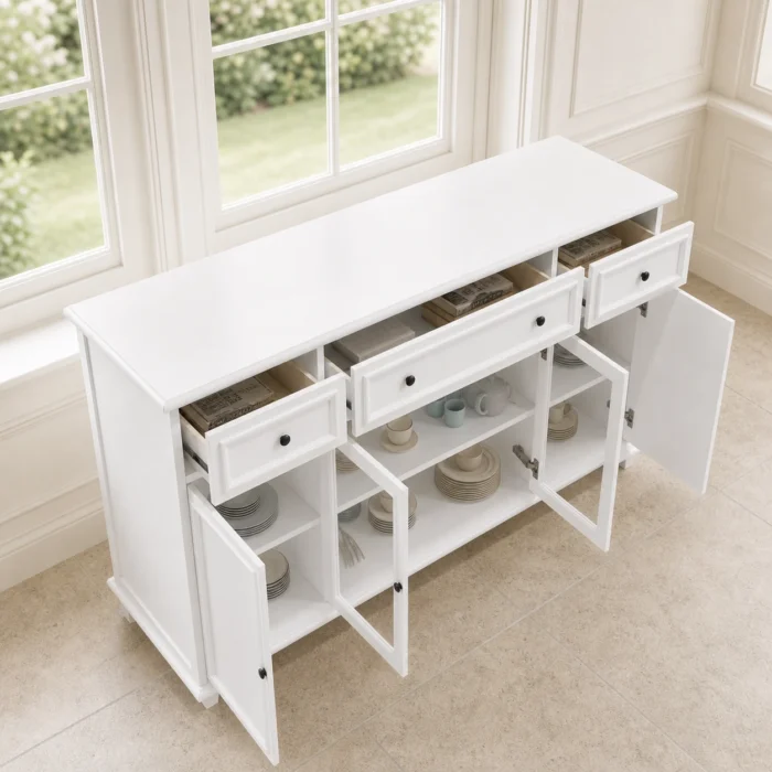 Wood Buffet in White open storage view Wood Buffet in White open storage view