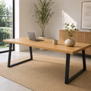 Wooden 2m dining table with black metal legs in a bright modern room