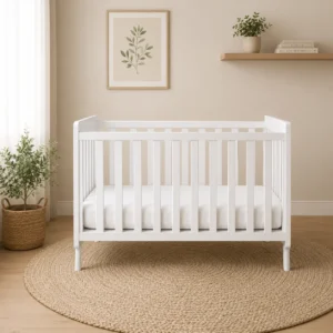 Wooden drop side baby cot in white front view