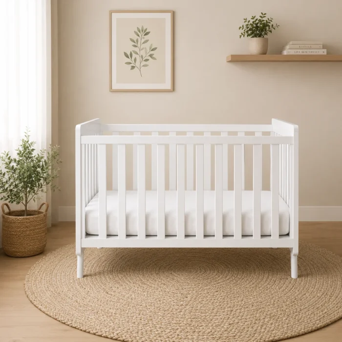 Wooden drop side baby cot in white front view