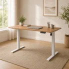 Zeno height adjustable desk with timber top and white frame in warm home office