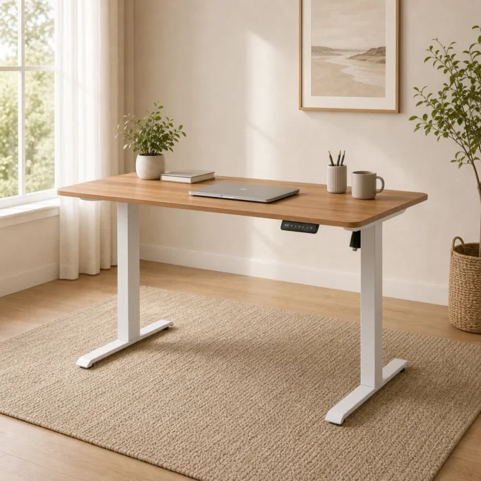 Zeno height adjustable desk with timber top and white frame in warm home office