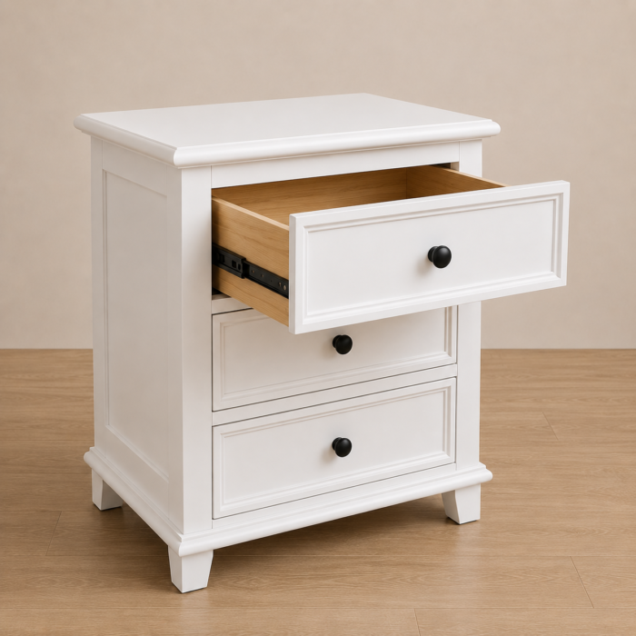 Hampton 3-Drawer Bedside - Drawer Open Hampton 3-Drawer Bedside Table - Drawer Open